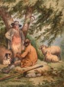 G. Morland, Shepherds and their dog resting beneath trees, watercolour, with signature and dated