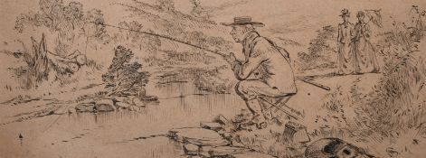 Late 19th century British school, two humorous angling scenes, pen drawings, monogramed 'SH', 4