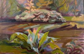 Phyllis Bray (1911-1991) British, A scene of a stream bordered by foliage, oil on canvas, signed