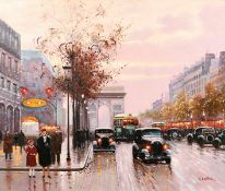 20th century Continental school, A Paris street scene with L'Arc de Triomphe', oil on canvas
