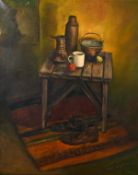 Rina Sutzkever (b. 1945) Israeli, A still life on a table, with boots on a rug below, oil on canvas,