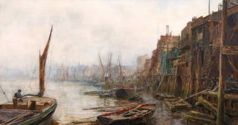 Thomas M. Hemy (1852-1937) British, 'Limehouse Hole', Moored boats on a working quay, watercolour,