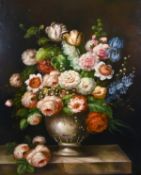 20th century school, A still life of mixed flowers in a vase, oil on canvas, signed H. Macfarlane,