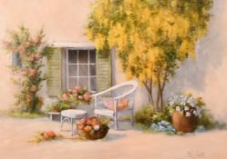 Peter Motz (1934-2003), A continental courtyard scene with blossoming flowers, oil on canvas,