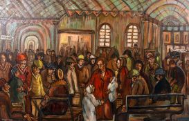 Derek Higginson (1930-2020) British, A scene of figures on a busy railway platform, oil on canvas,