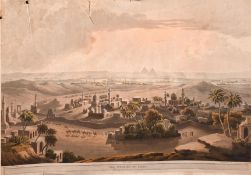 Daniel Havell after Henry Salt, The pyramids at Cairo, hand coloured aquatint, 18.5