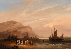 Frederick Calvert (1785-1845) British, a coastal scene with fishing boats coming ashore and