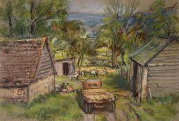Greta Delleany (1884-1968) British, three landscapes in farm settings, pastel, inscribed in