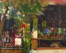 South East Asian school?, A jungle hut with plants and chickens, oil on paper, indistinctly signed