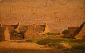 Modern British school, A scene of farm buildings, oil on a cigar box lid, 5.25