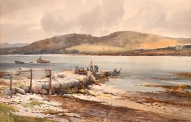 Charles William Adderton (1866-1944) British, A scene of fisherman on a stone quay in an estuary,