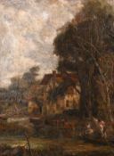 19th century school, figures on a punt on a river with cattle and buildings beyond, oil on canvas,