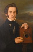 19th/20th century British school, A half-length portrait of a photographer with a landscape