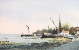 A print of Pin Mill, Suffolk. Signed and inscribed 'For Norman and Marjorie', 10.5