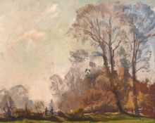 Arthur Thomas Hagg (1895-1962) British, Figures in a tree-lined landscape, oil on board, signed with