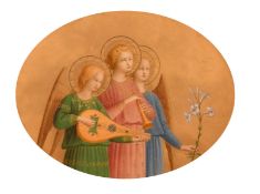 Rocchi after Fra Angelico, A scene of three saints, watercolour, signed and inscribed verso, 6