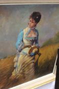 An Elegant Young Lady Walking Through a Field, a Hat in her Hand oil on board.