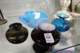 Three small Mdina glass vases and a similar dish.