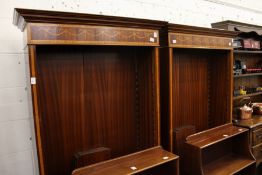 A pair of Sheraton revival inlaid mahogany open bookcases.