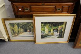 Heide Presse, two colour prints depicting women holding baskets.