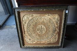 An eastern metal thread embroidered picture, framed.