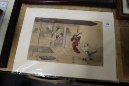A Japanese woodblock print depicting figures in a building and on a verandah, unframed.