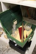 A small leather case, glassware etc.