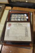Cigarette cards, framed and glazed, and other items.