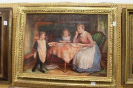 Figures in an Interior by an Inglenook Fireplace oil on canvas, in a decorative gilt frame.