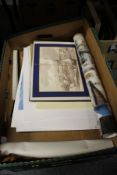 Two boxes of unframed prints etc.