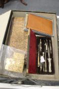 A Canton ivory card case (faults), drawing instruments, a carved wood box and a presentation
