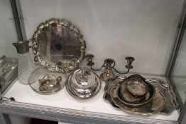 Plated wares to include a salver, a candelabra, entree dish and cover, claret jug etc.