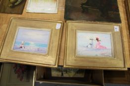 Young Ladies Seated on a Beach oil on board together with another similar, a pair.