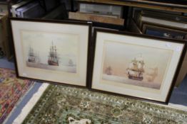 A pair of colour prints depicting sailing ships, signed.