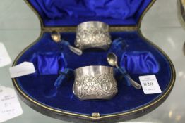 A pair of Victorian silver salts and spoons, Birmingham 1893 (part of a set of four in a fitted