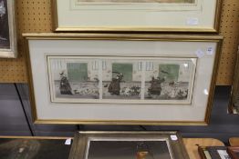 An amusing triptych depicting an old lady and dogs, colour print.