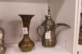 A Persian enamel decorated brass vase and ewer.