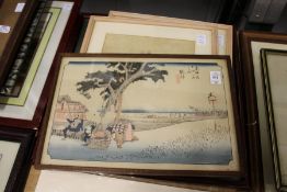 A Japanese Meiji period woodblock print of a landscape and five other similar pictures.