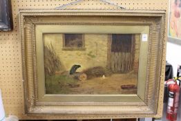 A Farmyard Scene with Two Birds oil on board.