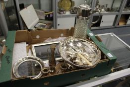 A box of plated wares to include claret jug, pedestal bowl etc.