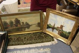 A River Scene with Windmill oil on canvas and another similar.