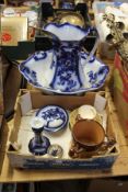 A blue and white jug and basin and other decorative china.