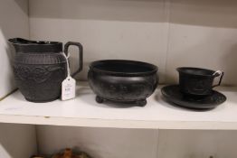 Wedgwood black basalt jug, bowl and cup and saucer.