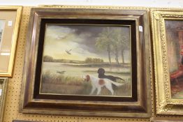 Gun Dogs Putting Up Mallards by a Pond oil on board.