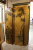 A Chinese four panel dressing screen, double sided decoration with herons on a gilt background.