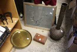 A carved wood box, a brass tray and eastern metal vase and an embroidered picture.