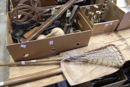 Miscellaneous by-gones and collectables to include a grain shovel, lacrosse stick, boot scraper, gin