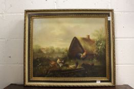 Rural Landscape with a Thatched Barn and Chickens oil on canvas.