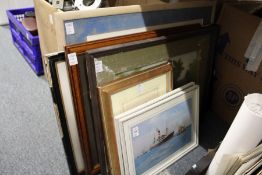 A pair of colour prints depicting steam ships, a print of flowers, oil painting depicting a tropical