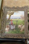 A Female Shepherdess Seated on a Log by Three Sheep in a Field oil on board, in a decorative gilt